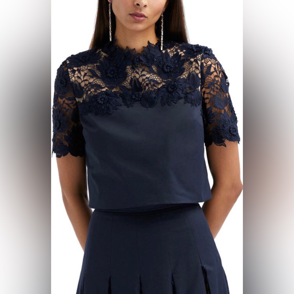 Nwt $1890 Oscar De La Renta Water Lily Guipure Lace Blouse In Navy - Size 16!